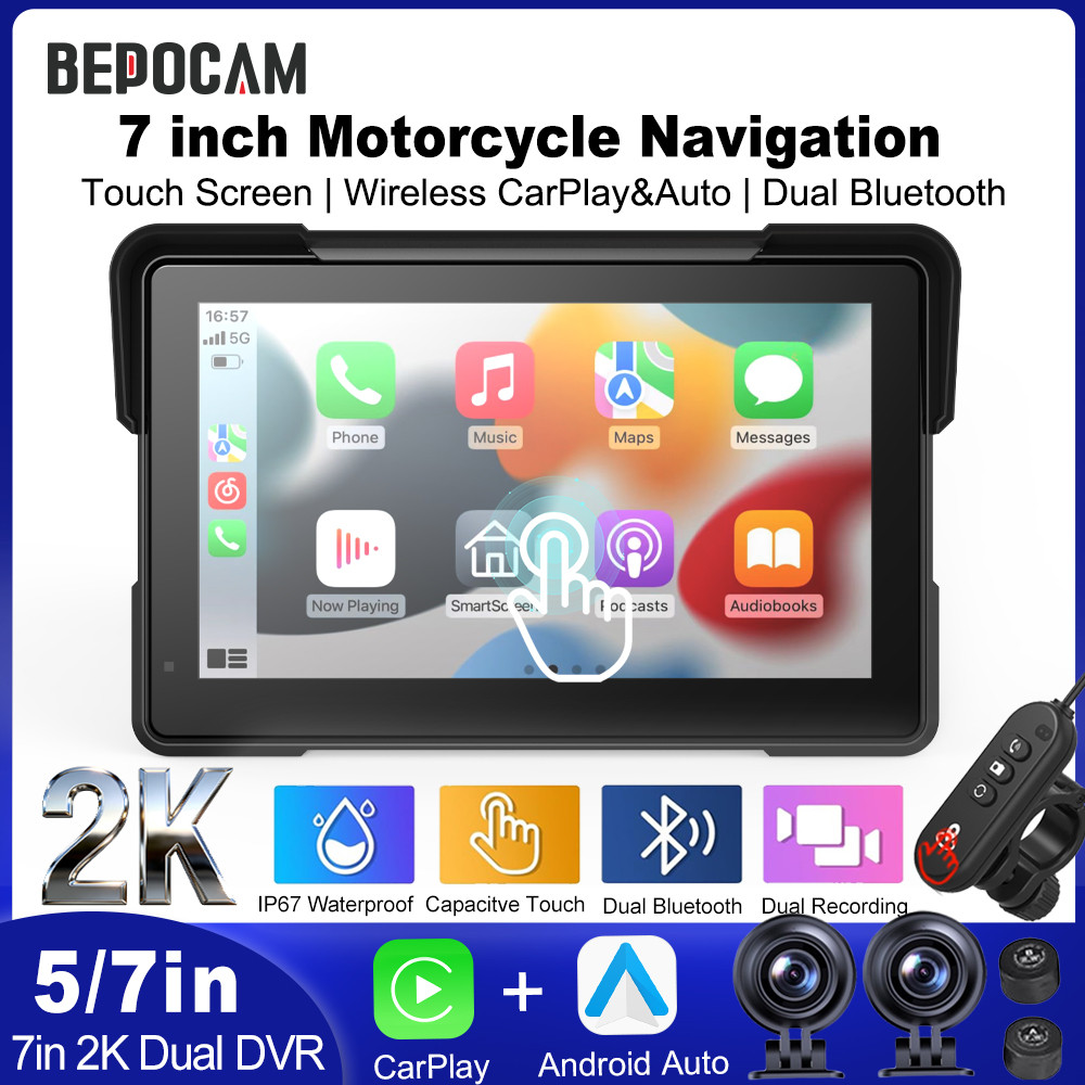 T-BEPOCAM 5/7 นิ้วกล้องติดรถมอเตอร์ไซค์ DVR ระบบนำทาง GPS ไร้สาย CarPlay Android Auto IPX7 หน้าจอแสด