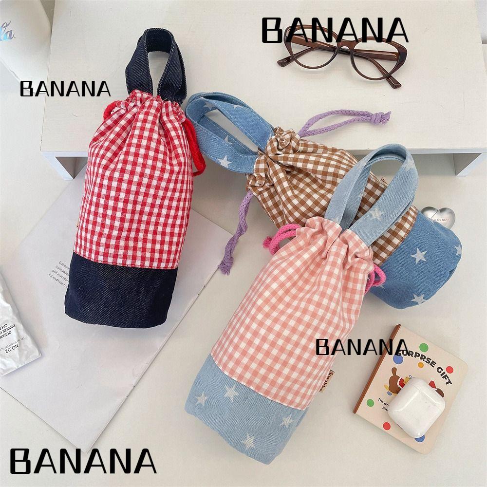 BANANA1 กระเป๋าเก็บขวดน้ํา, กระเป๋าใส่ถ้วยน้ําป้องกันการลวกแบบกริด, อุปกรณ์ถ้วยคลุมฉนวนแบบใช้ซ้ําได้แบบมีเชือกรูด