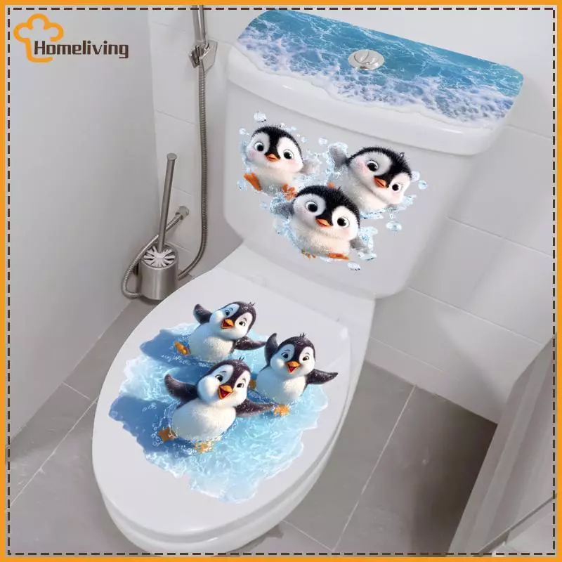 HOME Swimming Little Penguin Toilet Stier, กันน้ําแบบมีกาวในตัว, รูปลอกตกแต่งห้องน้ํา, ที่หุ้มที่นั่งชักโครก Stier TH
