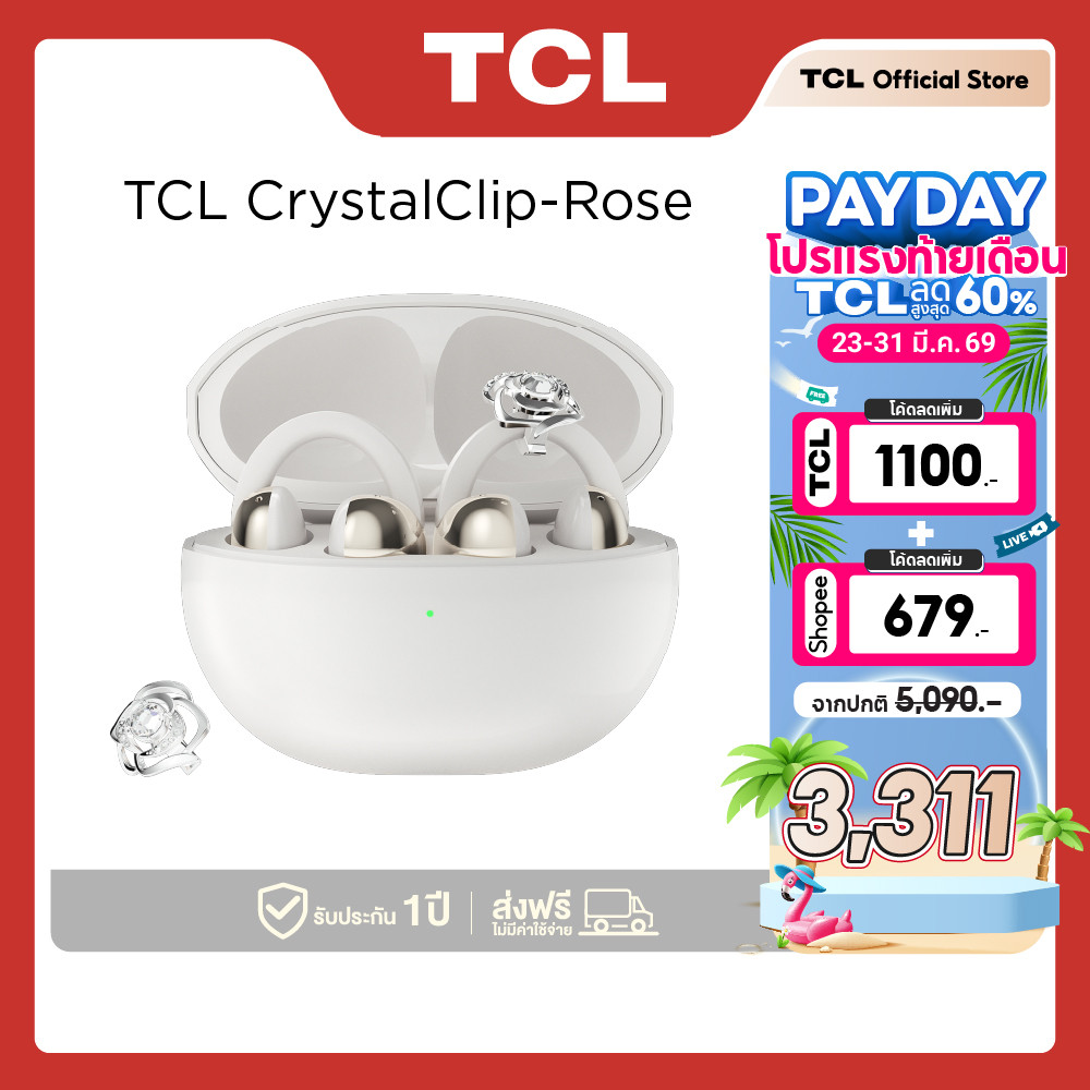 TCL CrystalClip-Rose ดีไซน์เป็นเอกลักษณ์ด้วยคริสตัลจาก Swarovski หูฟังไร้สาย Open Ear Comfort Headph