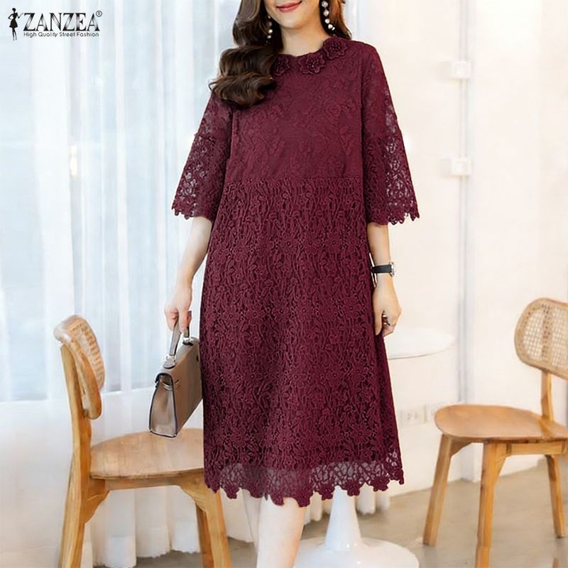 ZANZEA ชุดเดรสผู้หญิงสไตล์เกาหลีหรูหรา แขนสามส่วน Crochet ลายลูกไม้กลวง A-line ทรงหลวม สไตล์ดูหรูหราและสวมใส่ง่าย — صورة 5