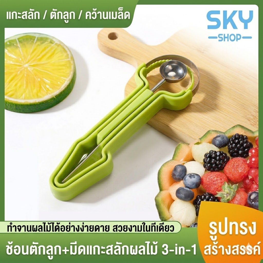SKY ที่ตักผลไม้ 3in1 สแตนเลส มีดแกะสลักผลไม้ ที่คว้านแตงโม ที่ตักลูกกลม Fruit Carving & Melon Baller Tool