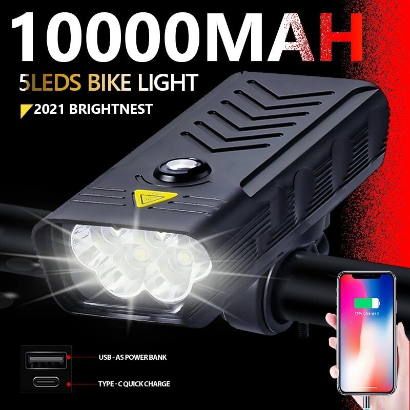 VTTO ไฟหน้าจักรยาน 10000mAh 5000 Lumen 5T6 LED ส่องสว่างคมชัด