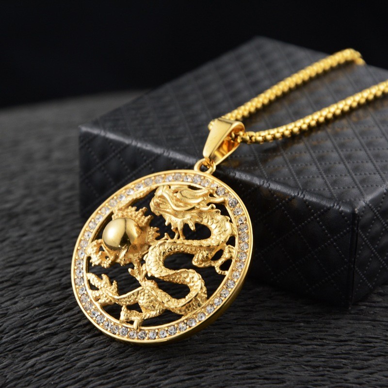 สร้อยคอมังกรประดับเพชรและลูกปัดไทเทเนียม สไตล์ฮิปฮอปสตรีทสำหรับผู้ชายและผู้หญิง STN3065