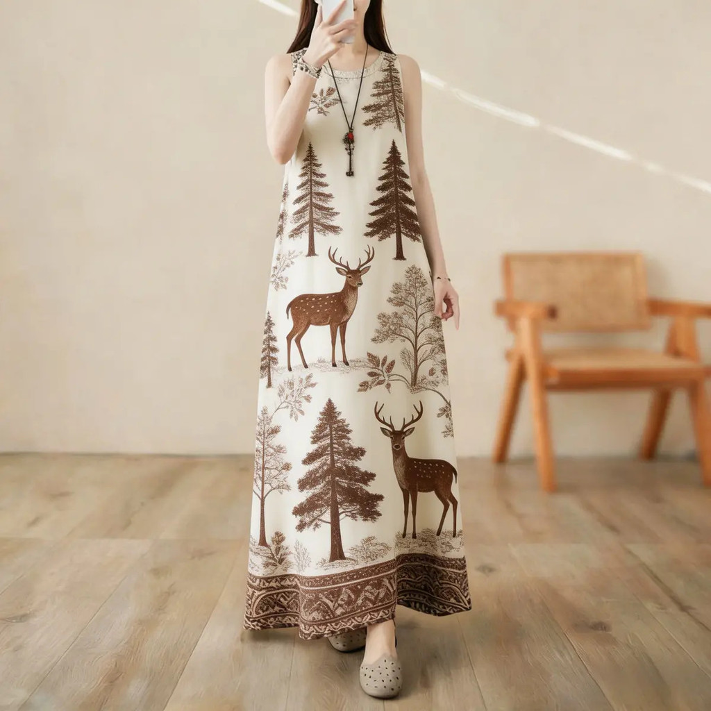 เดรสแขนกุดพิมพ์ลายสำหรับผู้หญิง สวมใส่ง่าย เหมาะสำหรับไปทะเลและงานปาร์ตี้