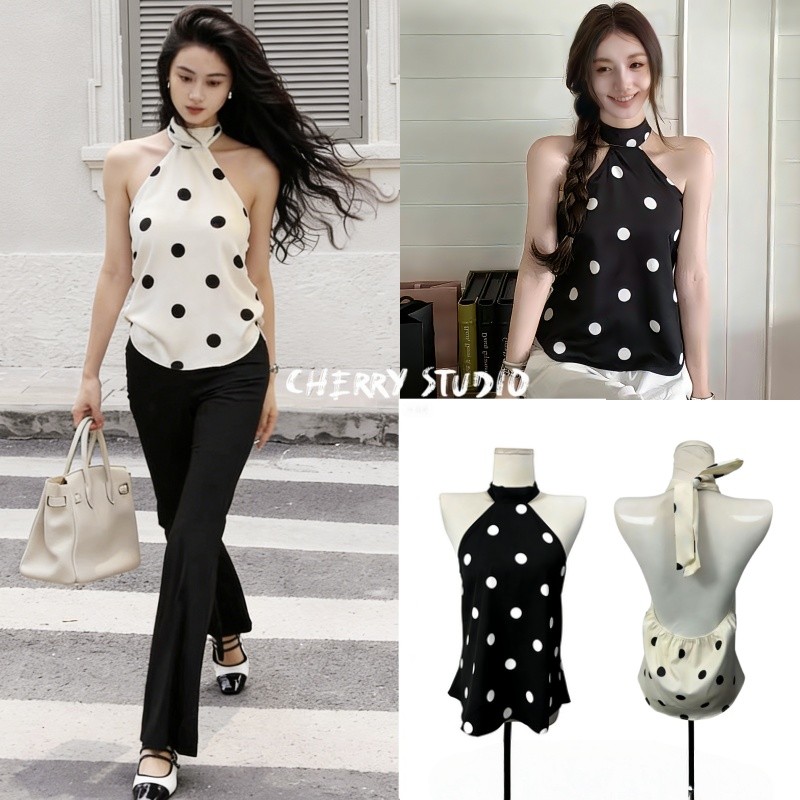 Cherryพร้อมส่ง เสื้อแฟชั่นผู้หญิง คอเต่า ลายจุด สาติน สีพื้น แขนกุด มีดีไซน์สายรัดด้านหลัง เสื้อปาดไหล่ เสื้อครอป