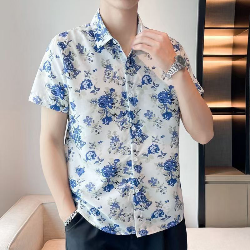 เสื้อเชิ้ตฮาวายผู้ชายเหมาะอย่างยิ่งสำหรับวันสงกราส์ลายดอกไม้สไตล์เกาหลีสไตล์วินเทจแขนสั้นเหมาะสำหรับการเดินทางไปชายหาดเห