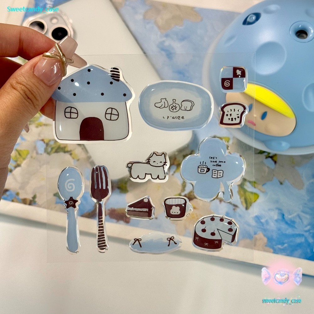 สติ๊กเกอร์ ส่งในพื้นที่ การ์ตูน บ้านแมวสนุก สีฟ้า ขนมปัง ที่ติดโทรศัพท์เครื่องคอม เคสแท็บเล็ต ติดเคสสำหรับไอโฟน หลายรุ่น