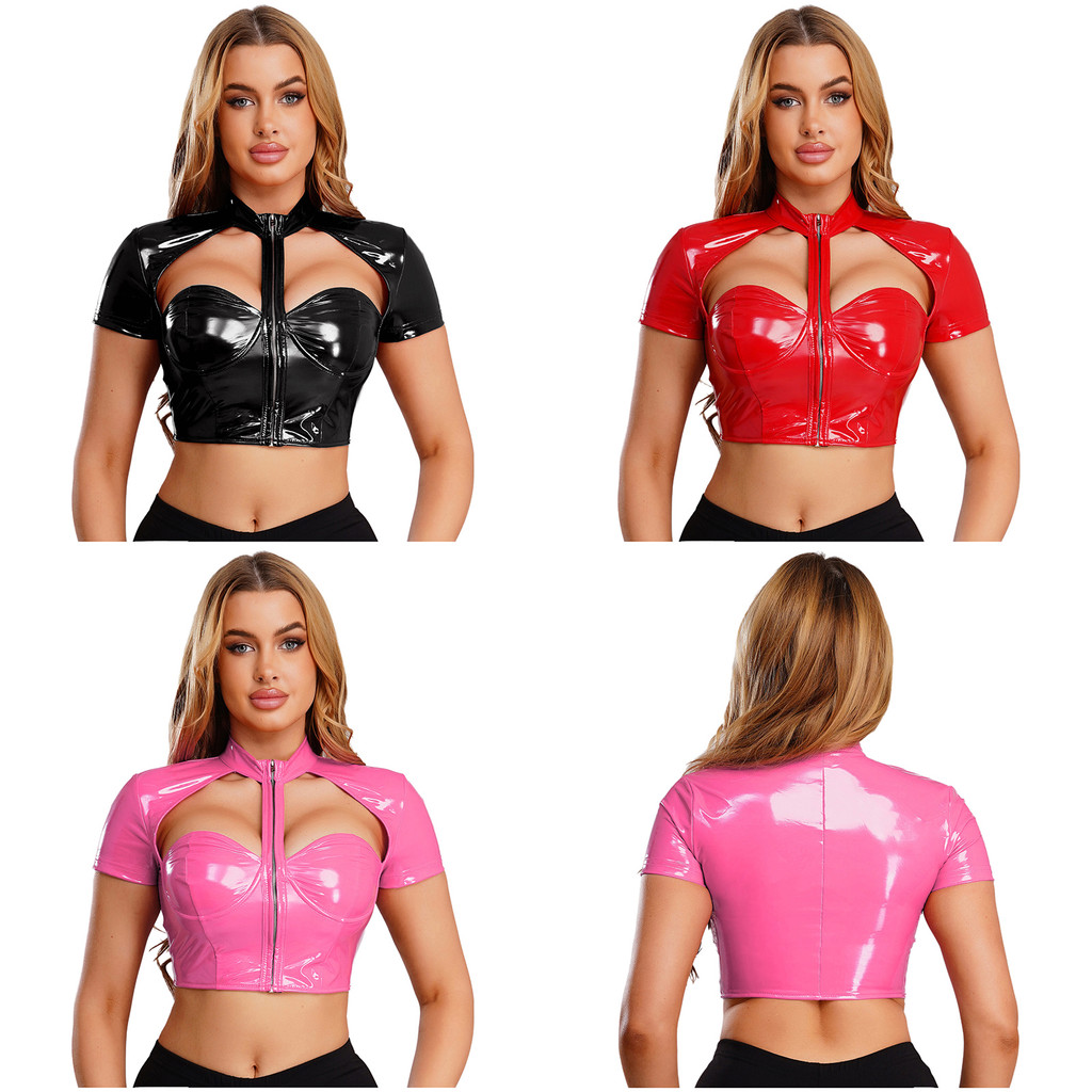ShyLizee สตรีเปียกดู PU Cropped Top Push-up Underwire Cutout Mock คอแขนสั้นด้านหน้าซิป Crop Top Glos