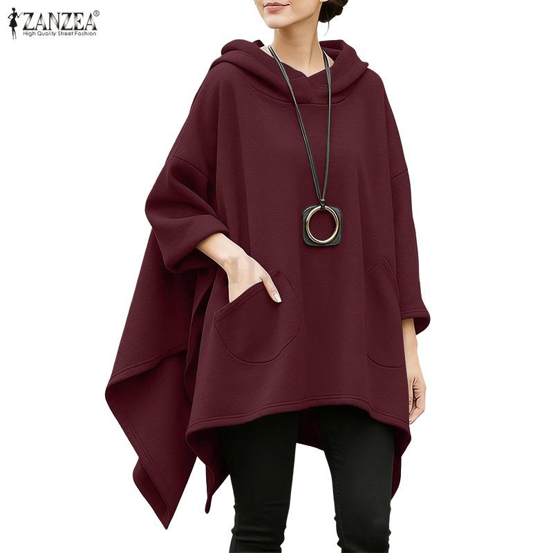 ZANZEA ผู้หญิงเกาหลีฤดูใบไม้ร่วงฤดูหนาว Warm Casual Hooded Collar 9/10 ยาวแขนไม่สม่ําเสมอ Hem หลวม Hoodies