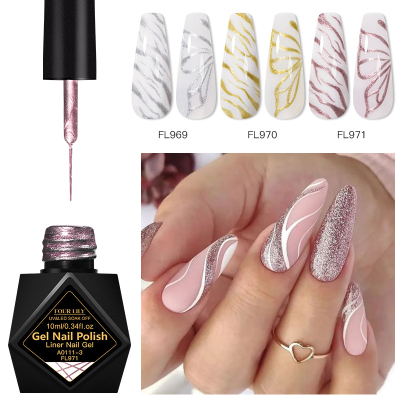 FOUR LILY 5/10ml Glitter Liner เจลเล็บวาดเส้น กลิตเตอร์สว่างยาวนาน DIYออกแบบเล็บสร้างสรรค์ เคลือบเงาเงางาม โซคอฟ UV/LED เหมาะมือใหม่