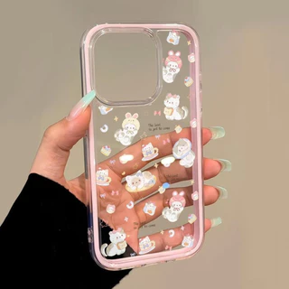 นิ่ม 2in1 สีแคนดี้ เข้ากันได้สำหรับ เคสไอโฟน11 สำหรับ iphone 16 Pro Max 7Plus XR 12 13 14 15 ลูกแมวน่ารักกับโบว์