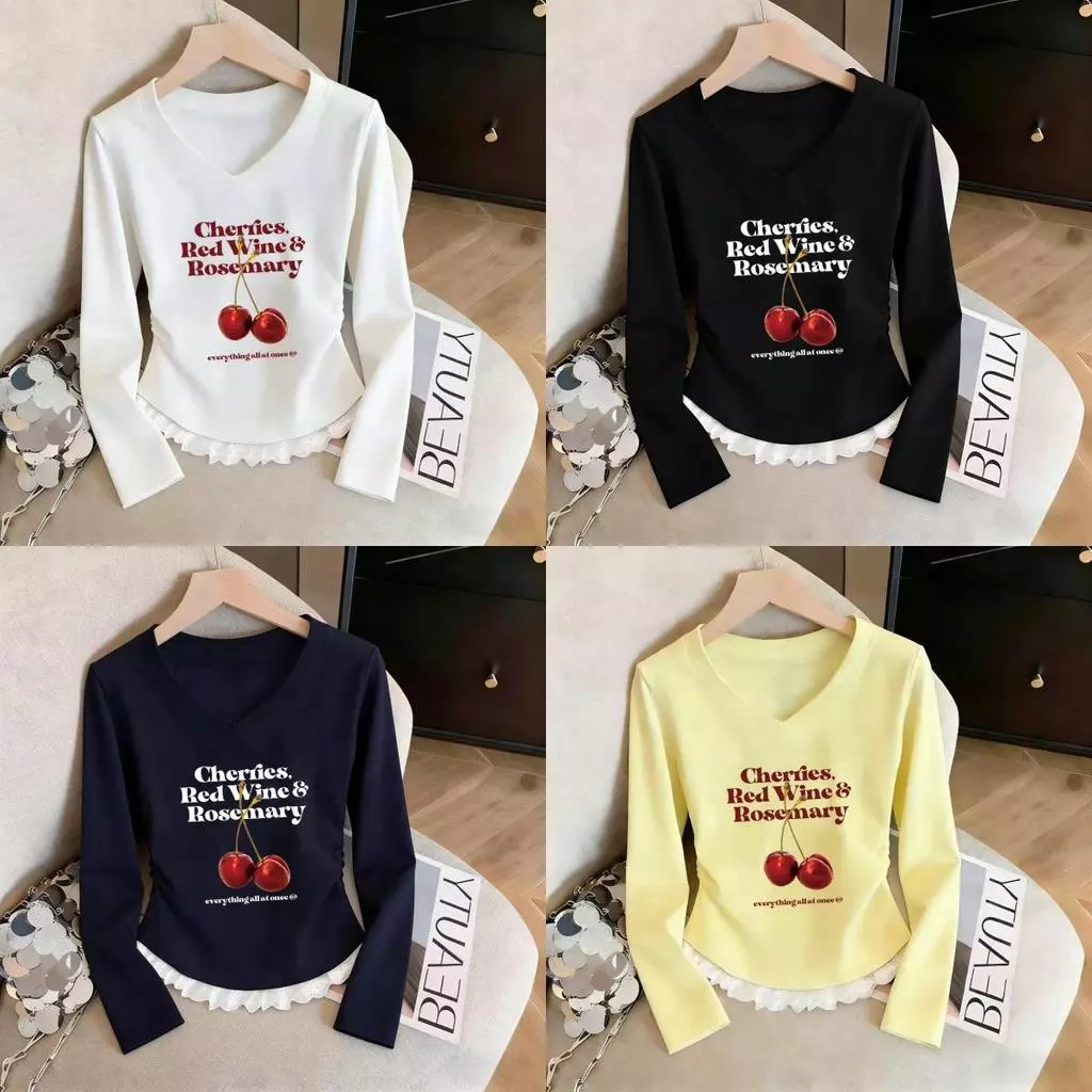【COD】เสื้อแขนยาวตัววีคอฝอยมีขอบลายลาเซอร์สำหรับหญิง ที่สวมสวยลดขนาด และเข้ากับทุกสิ่งได้ ผ้าใส่สบาย สวมใส่สบาย