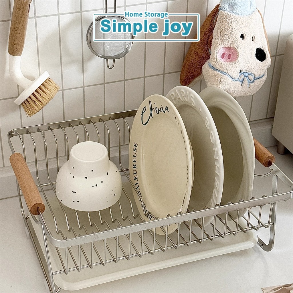 SimpleJoy ชั้นวางจานสแตนเลสคุณภาพสูง ด้ามจับไม้คู่ พร้อมถาดระบายน้ำถอดได้ ทนทาน ประหยัดพื้นที่