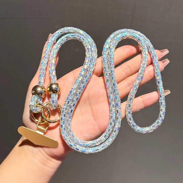เชือกคล้องโทรศัพท์มือถือหรูหราขั้นสูง, เชือกเส้นเล็ก กระเป๋าสะพายข้าง แฟชั่น, เปลือกฝังเพชรหลากสีพร้อมแผ่นโลหะ, เชือกป้องกันการสูญหาย