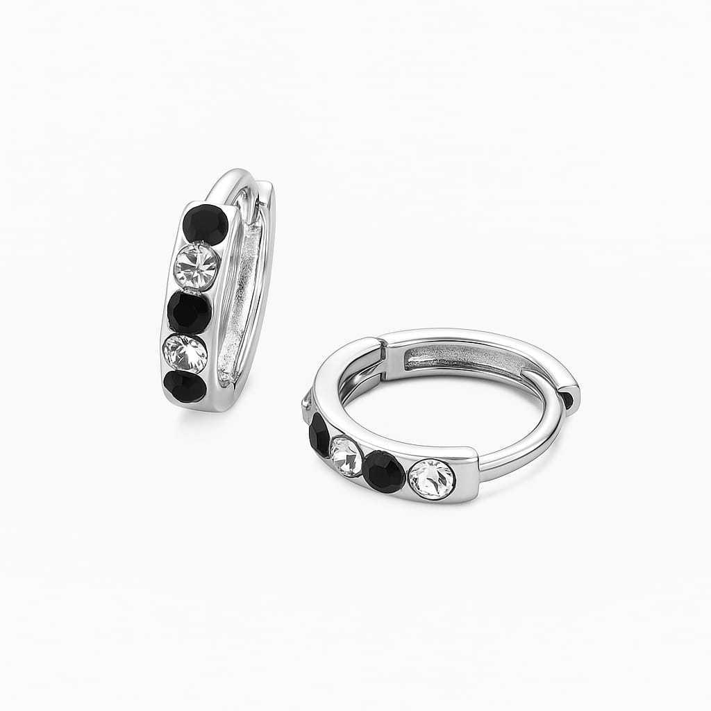 ผู้หญิง TITANIUM EARRINGS, 1 ROW GEM MODEL, PLAIN SILVER, BLACK COMBINATION, LATEST, ANTI-RUST และ N
