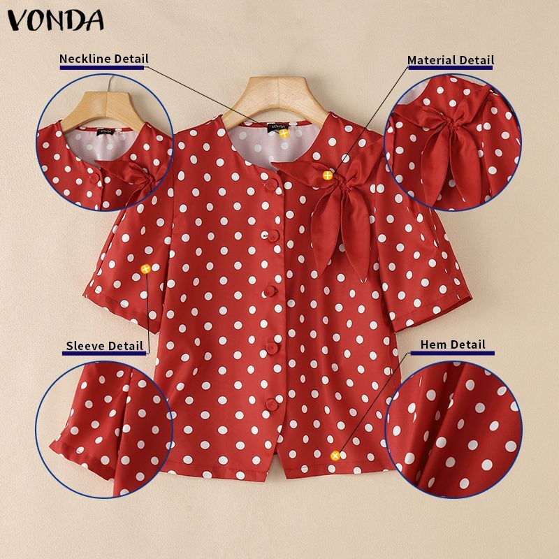VONDA ผู้หญิงเกาหลีลําลองรอบคอสามมิติลายดอกไม้ลายจุดแขนสั้นทอผสมเสื้อรูปตัว H — صورة 8