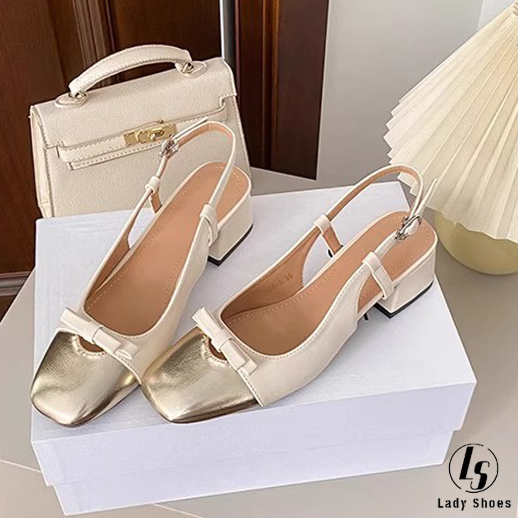 [LS] รองเท้าแตะ Mary Jane Slingback เกาหลีหรูหราพร้อมส้นรองเท้าบล็อก 2 นิ้วสําหรับผู้หญิง