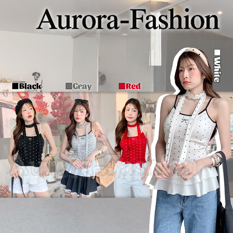 Aurora🛒พร้อมส่ง🚚 (รูปถ่ายจากงานจริง) เสื้อสายเดี่ยว ลายโบว์ เสริมฟองน้ำ สีสดใส แถมสายน่ารักๆ