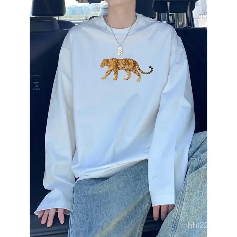พิมพ์ HiphopShirt 2025ผ้าฝ้ายสวมใส่MenAnimalLong Heavy新款 Leopard weight CODVintage2026Urban SleeveFi