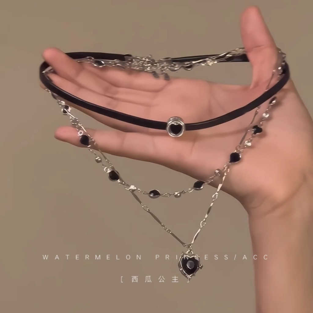 [miaom] {Black Rope Sweet Cool Heart} สร้อยคอหลายชั้นหญิงสาวร้อนหวานเย็นหนังสีดําเชือกโซ่กระดูกไหปลาร้าสร้อยคอสร้อยคอ