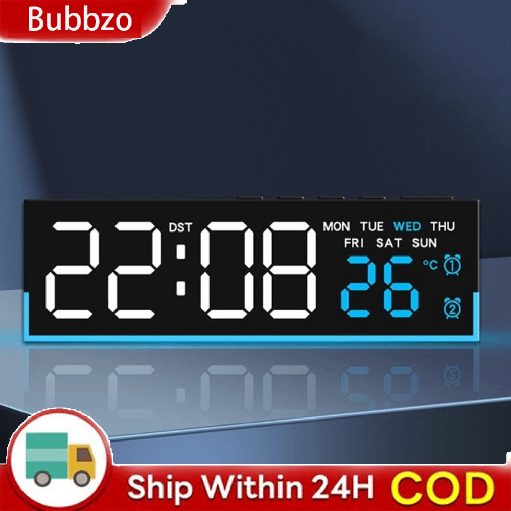 BUBBZO นาฬิกาดิจิตอล LED, อุณหภูมิพร้อมปฏิทินนาฬิกาปลุกข้างเตียง, การควบคุมด้วยเสียงวันที่ 12/24H จอแสดงผล LED ไฟกลางคืนนาฬิกาบ้าน