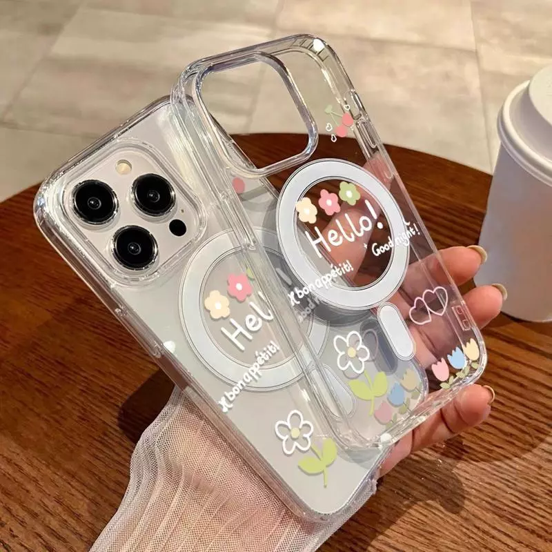 เคสโทรศัพท์แบบใสแม่เหล็กสำหรับ iPhone 17 11 12 13 14 Plus 15 Pro Max เคสลายดอกไม้กันกระแทกซิลิโคนฝาหลังแข็ง