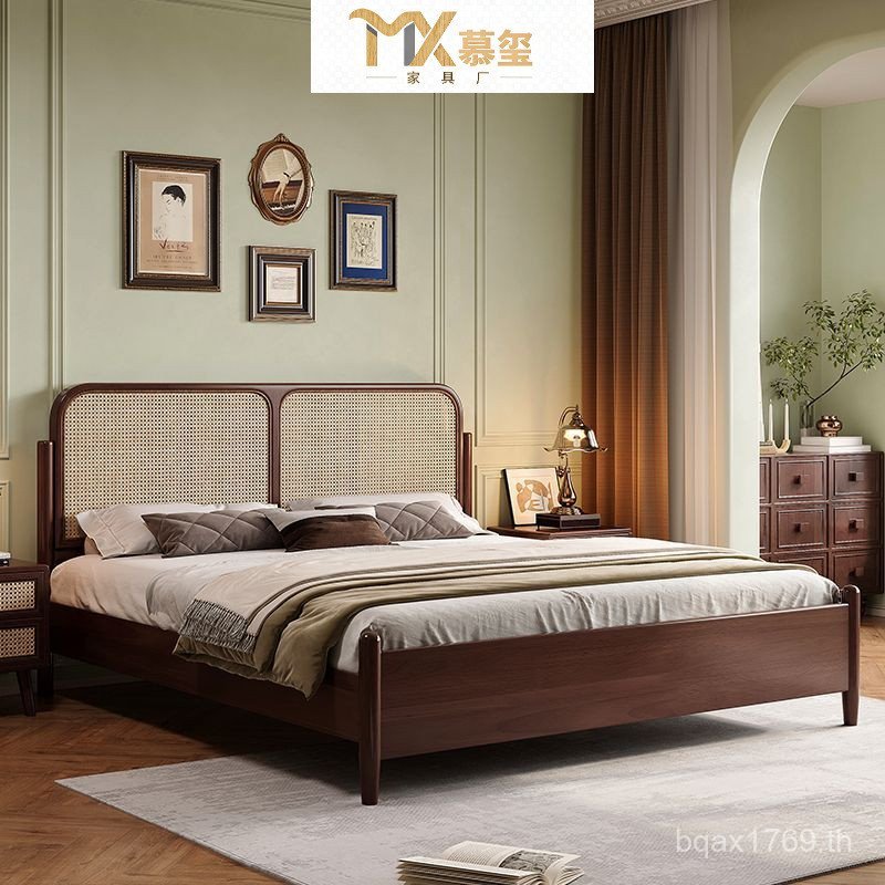 ไม้เนื้อแข็งหวายเตียง Retro เตียงไม้เนื้อแข็งภาษาฝรั่งเศสคําเตียงคู่ B & B Lonely ยุคกลางสไตล์ Log N