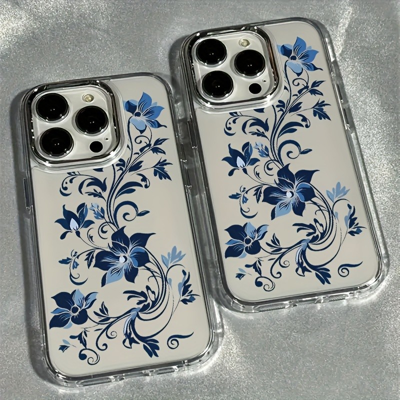 Artistic ดอกไม้สีฟ้าสําหรับ iPhone 17 16 Pro 13 15 14 11 12 Pro Max 16E Air 8 7 Plus XR SE ฝาครอบโปร่งใส