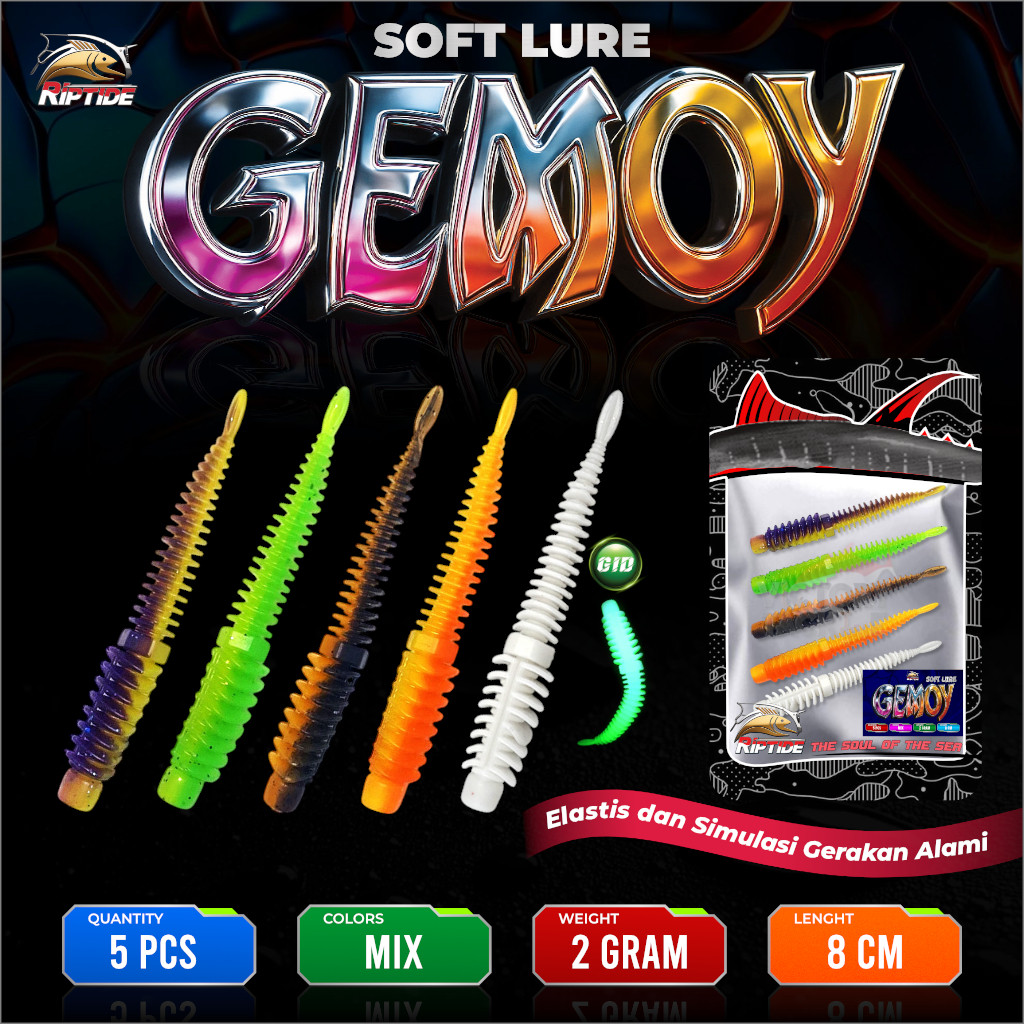 RIPTIDE GEMOY SOFT WORM LURE TOP WATER ELASTIC FISHING BAIT AJING LENTH 8 CM WEIGHT 2 GR