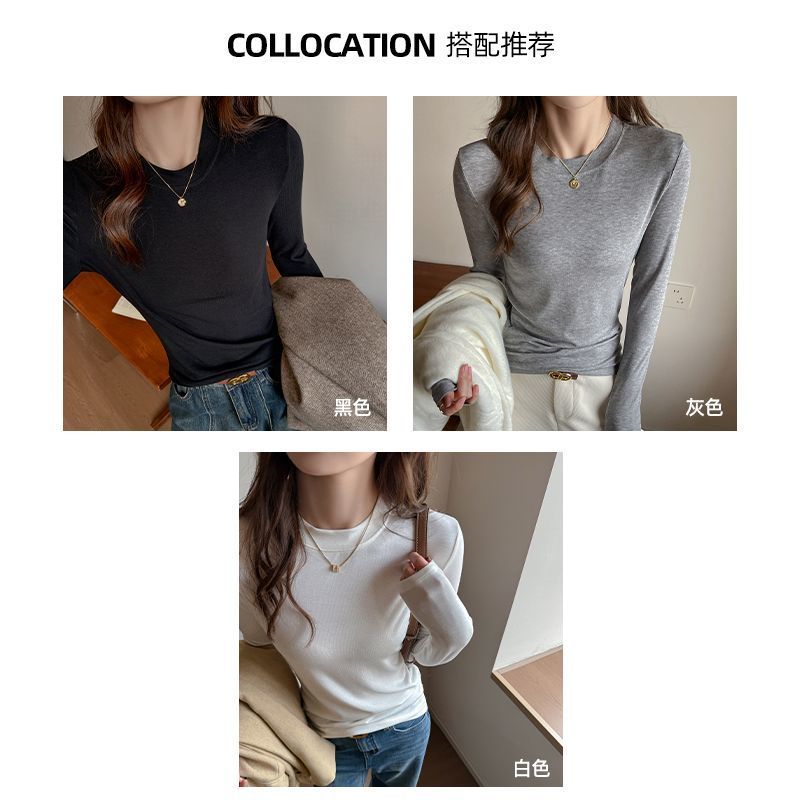 2026 แฟชั่น 2026 Tencel ขนสัตว์รอบคอแขนยาวเสื้อยืดผู้หญิงต้นฤดูใบไม้ร่วงสไตล์ใหม่ Slim-Fit Skinny กา