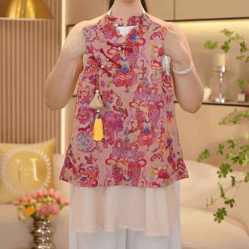 สาวสไตล์จีนใหม่แขนกุด Cheongsam ชุด 2025 ฤดูร้อนปลอมสองชิ้นชุดเสื้อกั๊กสไตล์จีนชุดหัวเข็มขัด Jacquar