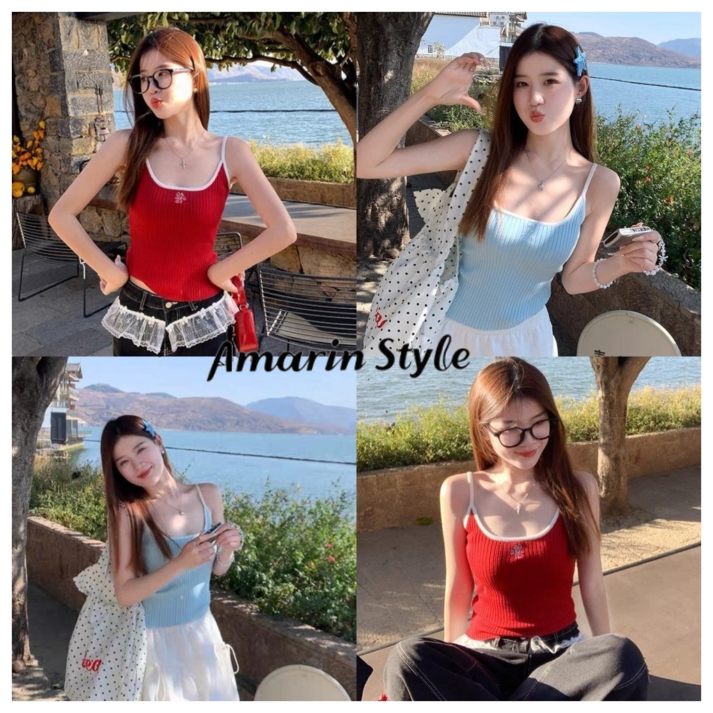 Amarin🌸พร้อมส่ง🌸 เสื้อสายเดี่ยว สีสดใส ผ้าร่องปักตัวอักษร ใส่สบาย ไซส์พอดีตัว Y9911