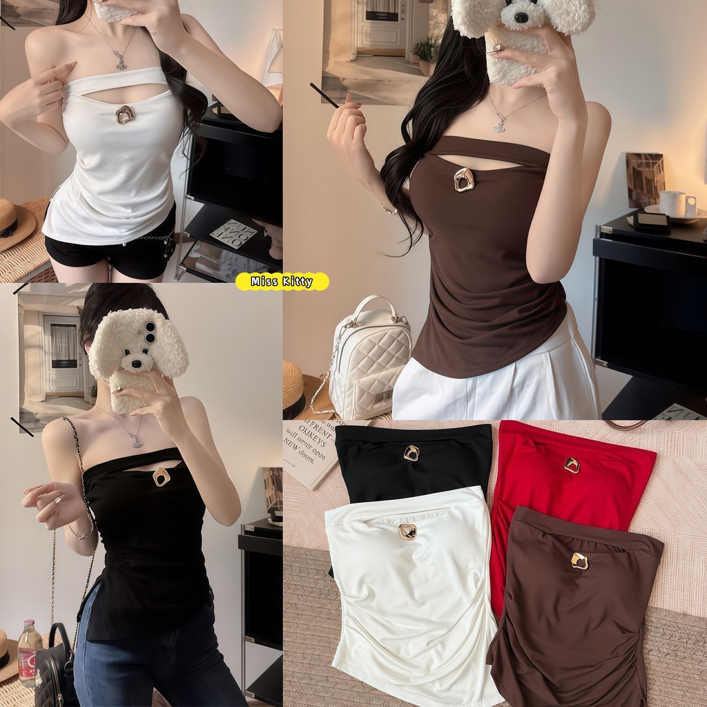 Miss Kitty เสื้อเกาะอกผู้หญิง ไม่มีแขน เปิดไหล่ ดีไซน์ไม่สมมาตร เข้ารูป สีเรียบ สไตล์เกาหลี FY10171-0
