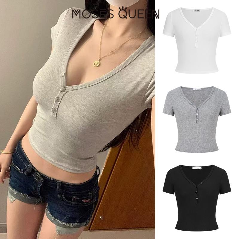 MOSESQUEEN 2026 ใหม่ V คอครึ่งเปิดหัวเข็มขัดจีบสั้น Slim-FIT แขนสั้น Top ผู้หญิง, Multi-color Basic, Daily Casual Commuting แจ๊กเก็ตอเนกประสงค์ #63406
