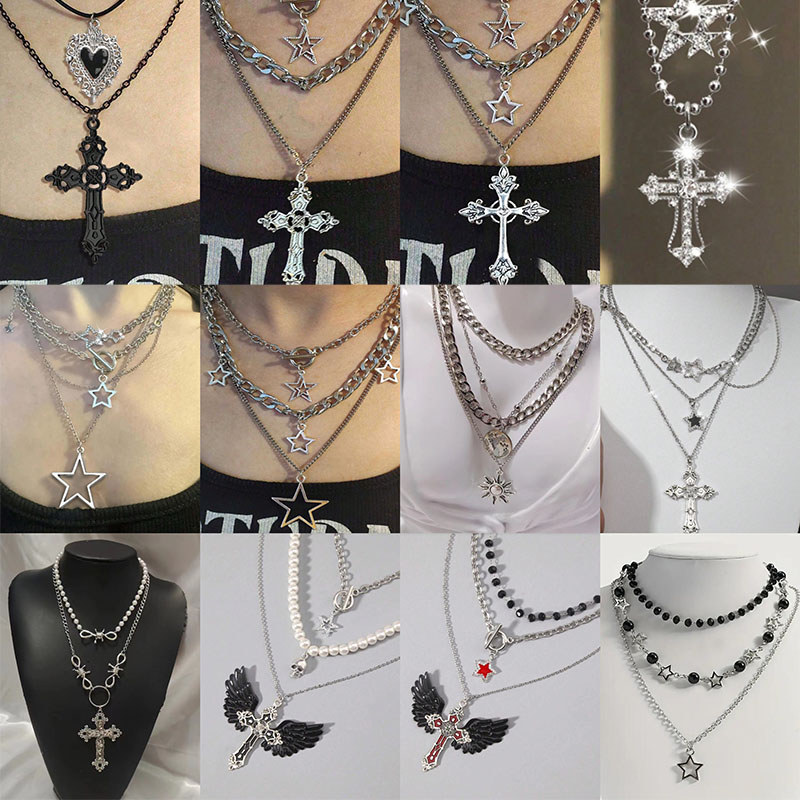 Trend Punk Multilayer Collarbone Chain แฟชั่น Y2k Star Cross จี้สร้อยคออุปกรณ์เสริมที่ไม่ซ้ํากัน