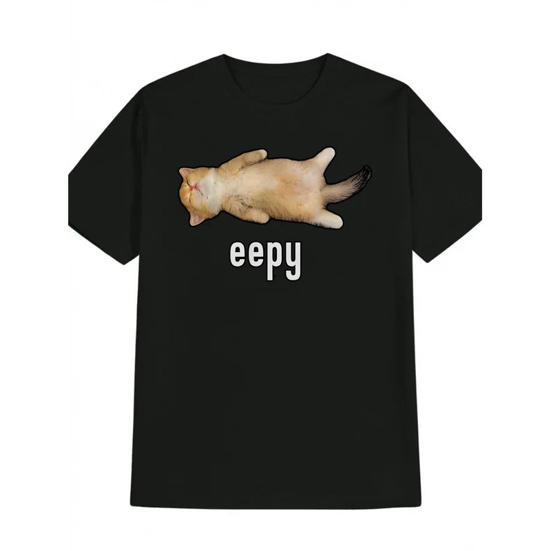 Sleeping Kitten Meme Print Crew Neck T-Shirt, Humor Casual Style Crew Neck Men's Top, Men's Gift, Me