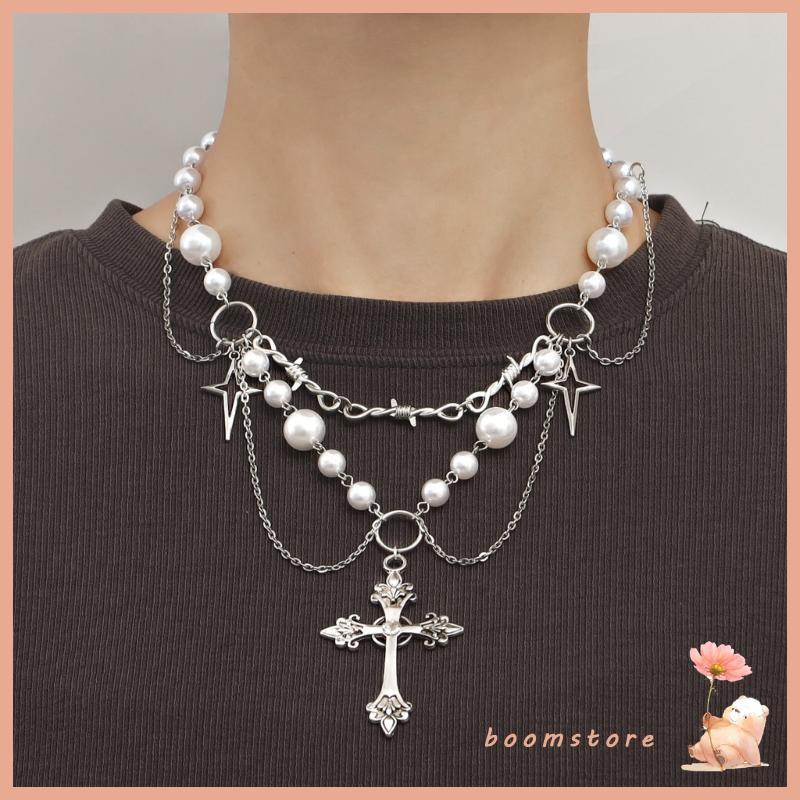Boom Fashion Cross Pendant Necklace Gothic Layered Necklace Pearl Beaded Necklace