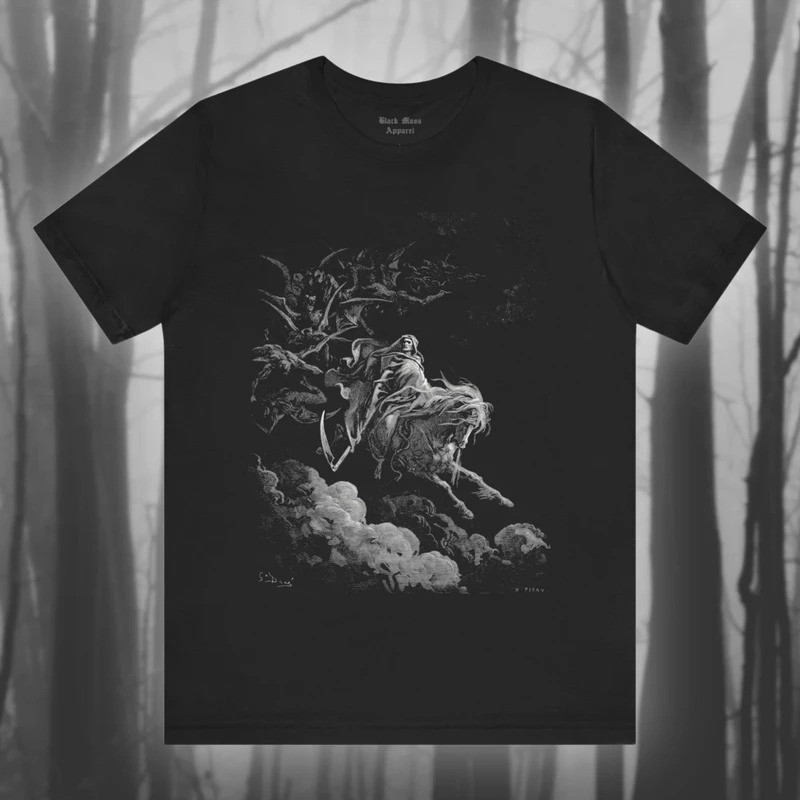 วิสัยทัศน์แห่งความตาย เสื้อยืดศิลปะ Gustave Dore ม้าซีด เสื้อ Apocalypse เสื้อยืดโกธิค Grim Reaper เ