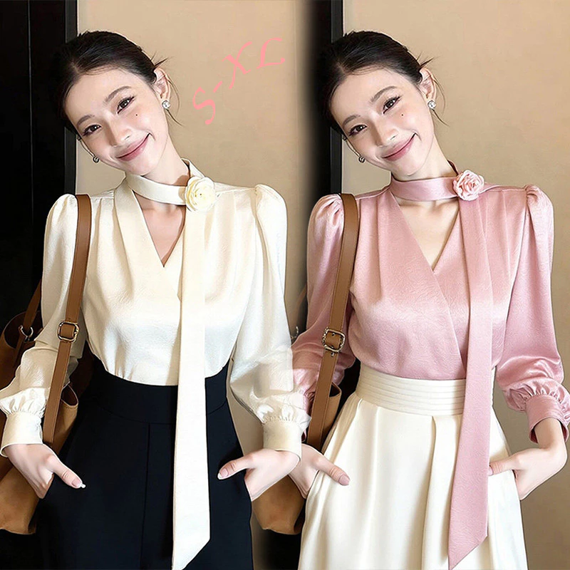 เสื้อเชิ้ตผู้หญิงแขนยาวผ้าซาติน คอวี แต่งริบบิ้นคอเสื้อสีชมพู เหมาะสำหรับสวมใส่ในฤดูใบไม้ผลิและฤดูใบไม้ร่วง#99265