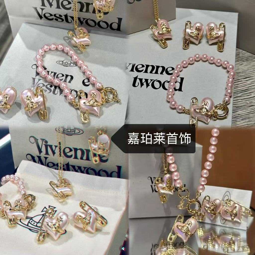 [miaom] คุณภาพสูง Queen Mother West ครีมสีชมพู Saturn Love Pin ต่างหูมุกสร้อยคอสร้อยข้อมือรูปหัวใจหวาน