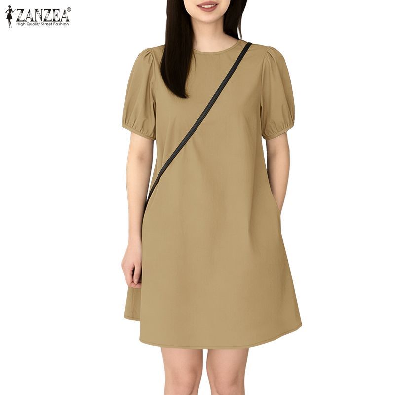 ZANZEA ชุดฤดูร้อน A-line สไตล์เกาหลีสำหรับผู้หญิง ทรงพัฟ คอปอม มีกระเป๋า