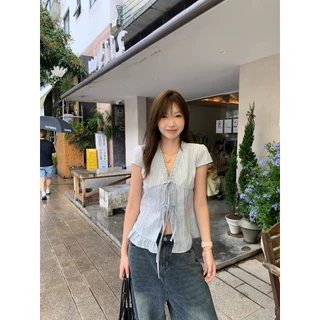Cherry🍋 พร้อมส่ง🌻รูปร่างสูงแน่น ลดน้ำหนักให้ดูสวยV-neck แขนสั้นสายรัดเอวลายดอกบัวชุดเที่ยวทะเลคาเฟ่งานโชว์ปาร์ตี้ชุดออ