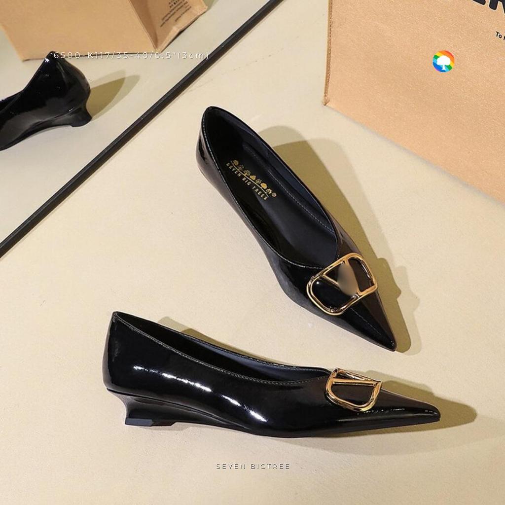 6500-K117 | แฟลตหนังเงาใส่ทำงาน หัวเรียว อะไหล่ทอง 3cm เดินมั่นใจ | ไซซ์ 35–40