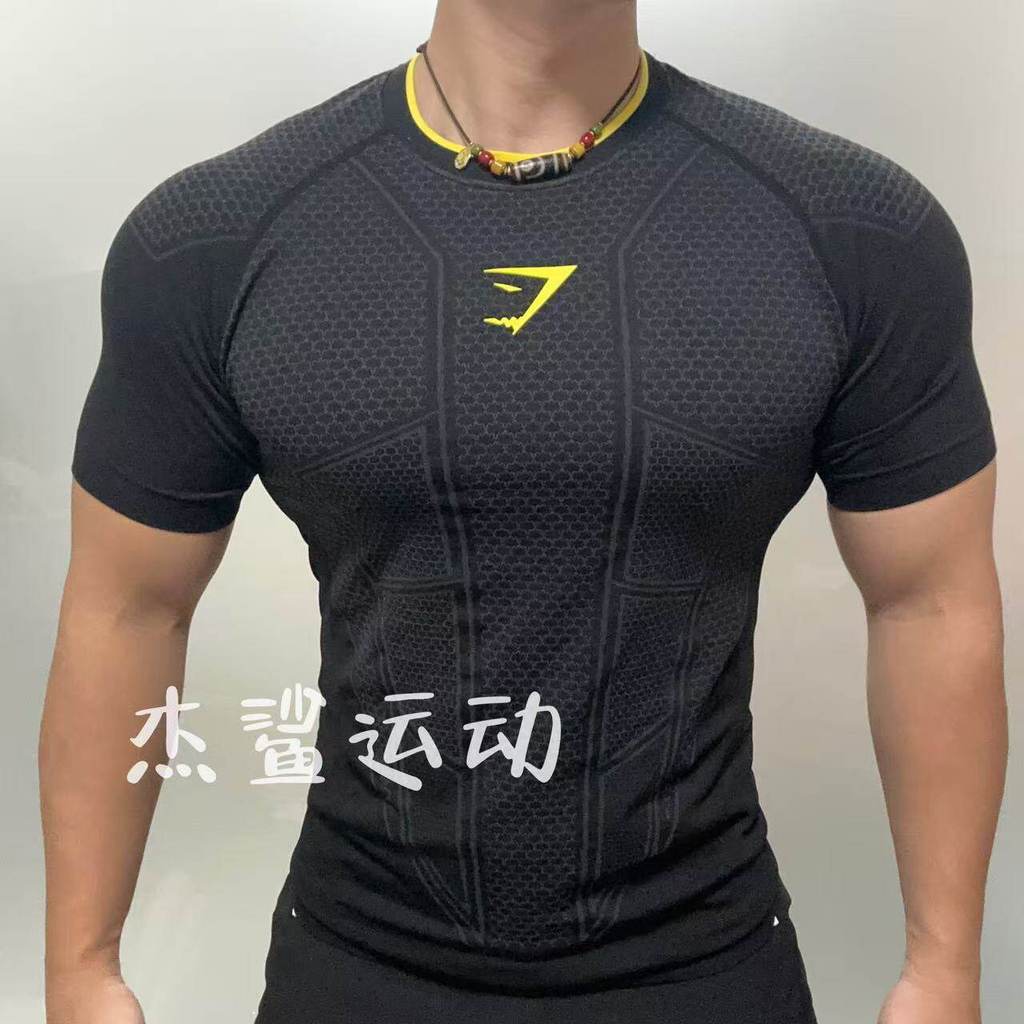 GYMSHARK ONYX 1.0 Men 3D Blue Label กีฬาฟิตเนสไม่มีรอยต่อยืดหยุ่นสูง Slim-fit แขนสั้น