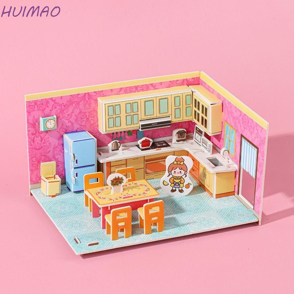 HUIMAO 3D Room รุ่นปริศนาของเล่น, 3D รุ่นห้องครัว 3D Room กระดาษแข็ง, DIY ของเล่นเพื่อการศึกษาห้องนอ