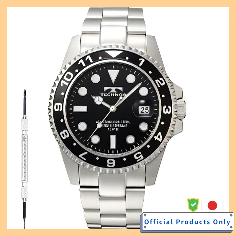 TECHNOS Men's Quartz Analog Watch TSM419SB Stainless Steel 100M Water Resistant Black Diver's Rotati