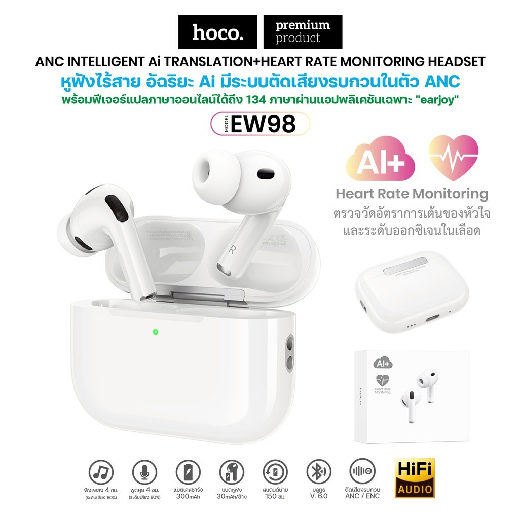 หูฟังบลูทูธ HOCO EW98 TWS BT 6.0 ตัดเสียงรบกวน ANC แปลภาษา AI พร้อมฟังก์ชั่นวัดชีพจรผ่านแอพได้