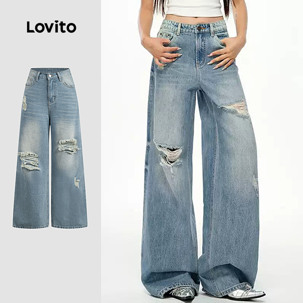 Lovito กางเกงยีนส์ลำลองสำหรับผู้หญิง สไตล์คลาสสิก สวมใส่สบาย ขาดๆ ฟอก สไตล์เรโทร สำหรับฤดูใบไม้ผลิ/ฤดูร้อน L144AD285