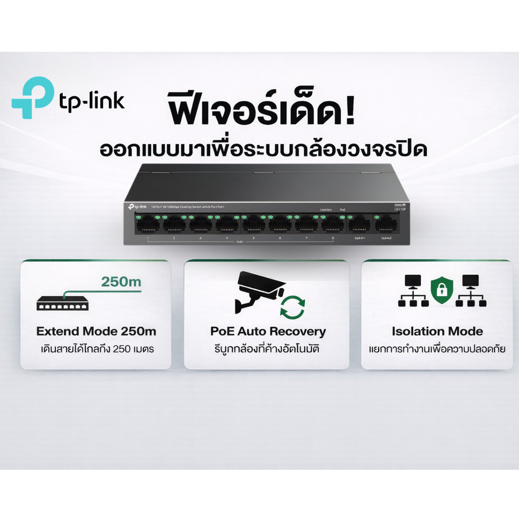 TP-Link LS110P 10-Port 10/100Mbps Desktop Switch with 8-Port PoE+ 96W ประกันศูนย์ไทย ราคา ถูกที่สุด ดีลบีเคเค แกลเลอรีภาพที่ 2